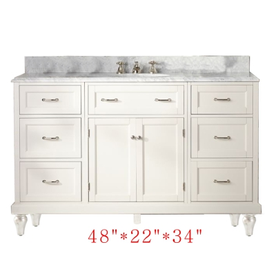 Classic Solid Wood +MDF Natural marble bathroom vanity cainets 48 inch with single sink 6 drawers